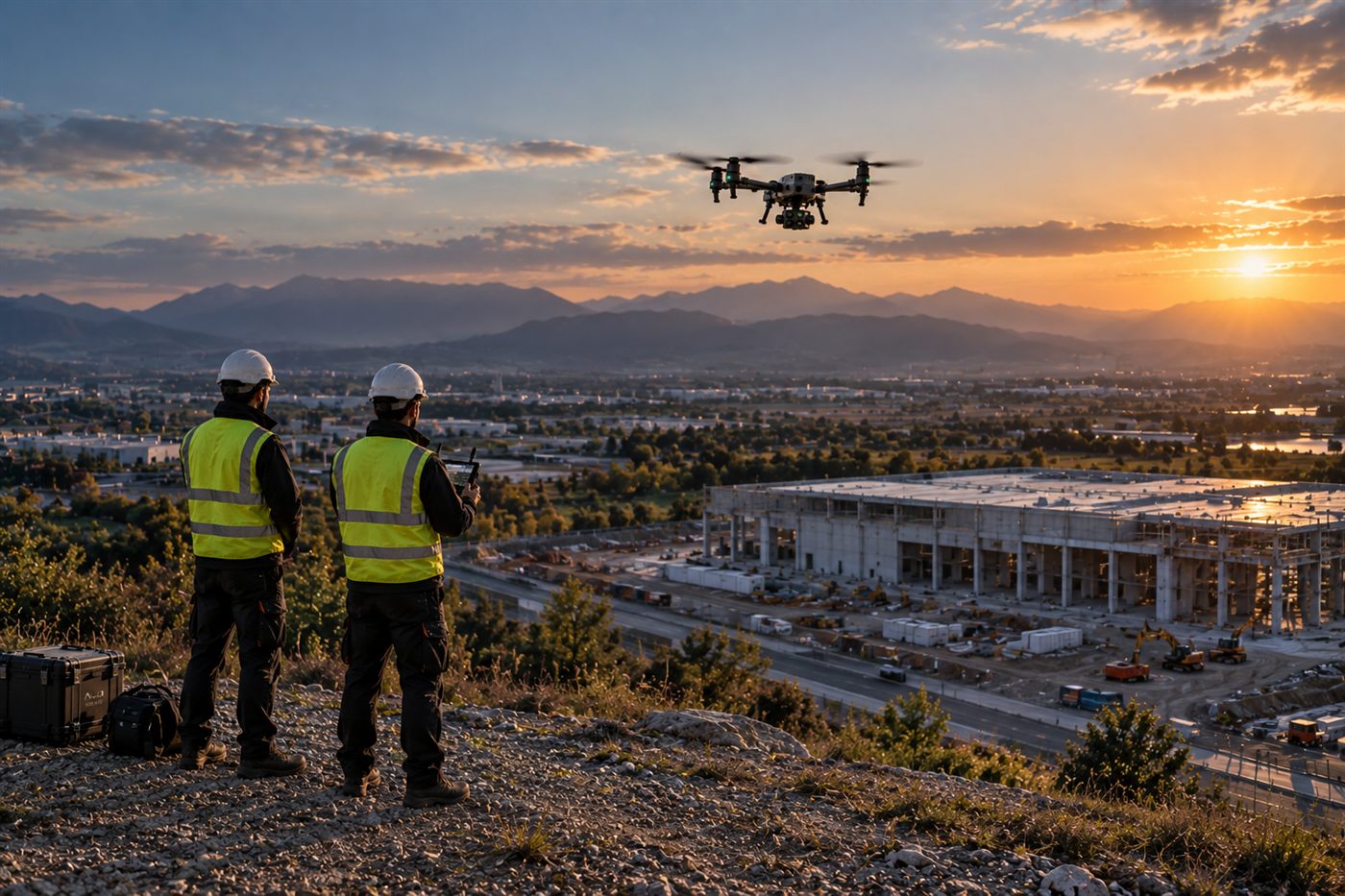 Tecnici Alca al lavoro con il drone durante un'ispezione al tramonto