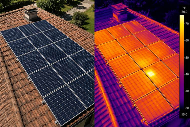 Impianto fotovoltaico su un tetto in tegole: a sinistra la fotografia, a destra la stessa vista in termografia, con un punto caldo su un pannello